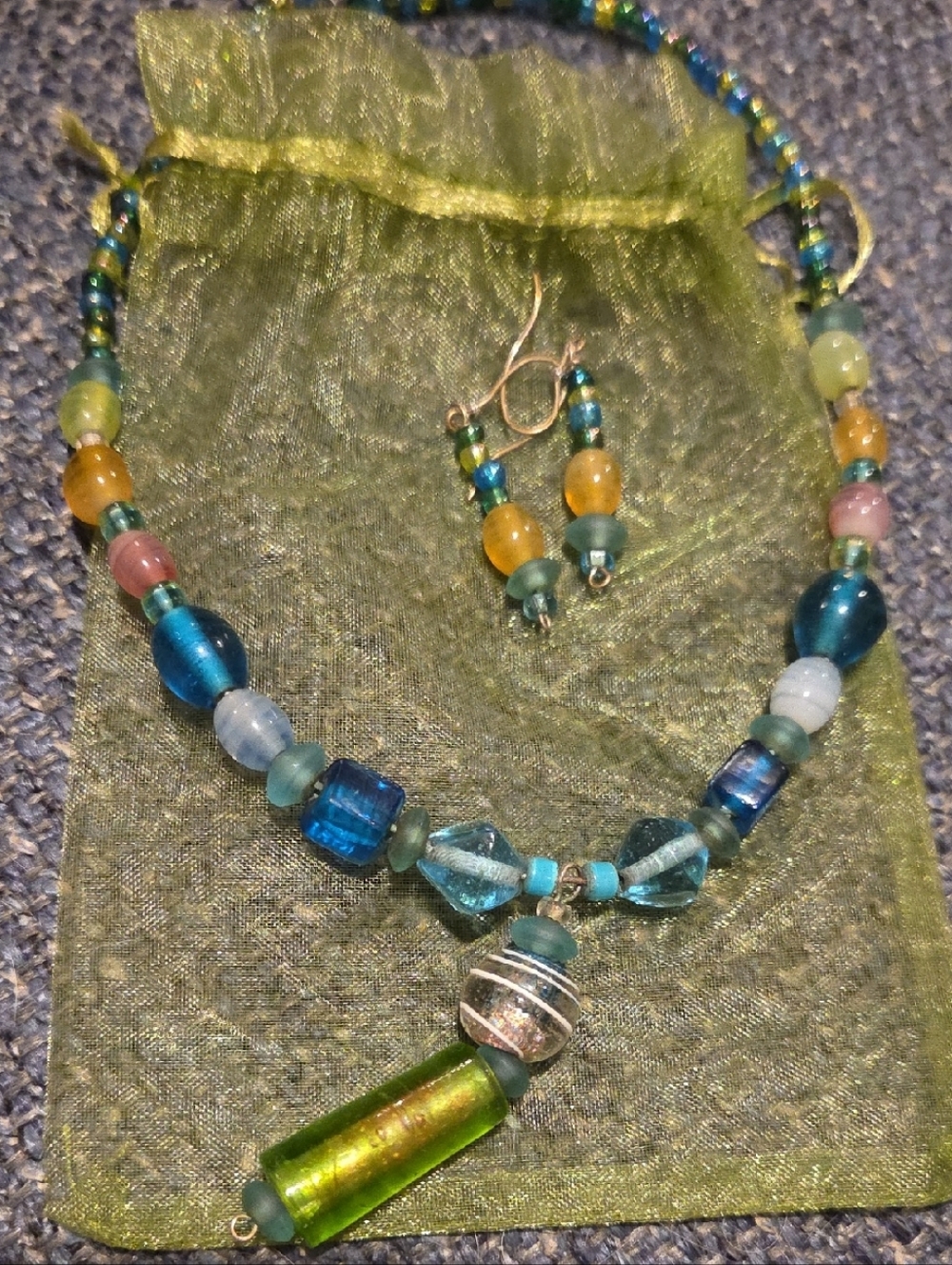 Handmade Multicolor Glass Bead Necklace with Matching Earrings - Green & Blue